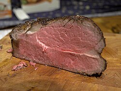 Roast beef is a darker brown color.