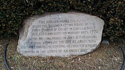 Monument in Enfield, Connecticut commemorating the location where Sinners in the Hands of an Angry God was preached. The monument is on the grounds of Enfield Montessori School.