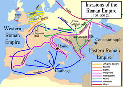 Routes taken by barbarian invaders during the Migration Period, 5th century AD