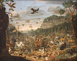 1690 painting by Franz Rösel von Rosenhof showing two roc-like birds carrying a deer and an elephant; a third grapples with a lion.