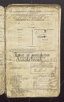 Belgian army mobilization papers to join a Lanciers regiment