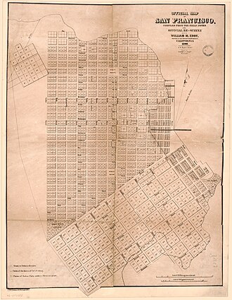 The official map of San Francisco (1849), as surveyed by Jasper O'Farrell in 1847. Market Street is the prominent dividing line between the north-south grid laid by Jean Jacques Vioget and the grid of Happy Valley aligned with Mission Street.