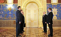 The ceremony of passing the Cheget (i.e. the nuclear briefcase) from Dmitry Medvedev's military aide to Vladimir Putin's military aide during the 2012 presidential inauguration.[58]