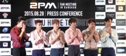 2PM at a press conference for their Take You Home Tonight fan meeting in Bangkok, August 2015