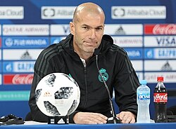Zinedine Zidane during a press conference at the 2017 FIFA Club World Cup. Real Madrid became the first team to retain the trophy having also won the 2016 FIFA Club World Cup.