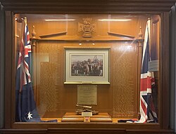 The Australian flag and the Union Jack embellishing the Victoria Cross Memorial in the Queen Victoria Building, Sydney