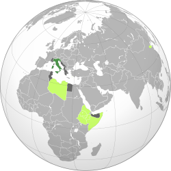 Areas controlled by the Italian Empire during its existence Kingdom of Italy Colonies of Italy Protectorates and areas occupied during World War II