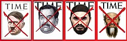 Four of Time's red X covers, including (left to right) Adolf Hitler, Saddam Hussein, Abu Musab al-Zarqawi, and Osama bin Laden