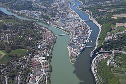 3-color confluence of (from left to right) Inn, Danube, and Ilz in Passau