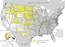 US census map indicating US counties with fewer than 25 Black or African American inhabitants