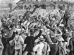 A large crowd outside the Victorian Supreme Court, celebrating the release of the Eureka rebels in 1855.