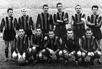 A line-up of Inter in the 1953–54 season. From left to right, standing: Benito Lorenzi, Lennart Skoglund, Fulvio Nesti, Bruno Mazza, Attilio Giovannini (captain), István Nyers; crouched: Bruno Padulazzi, Gino Armano, Maino Neri, Giorgio Ghezzi, Giovanni Giacomazzi.