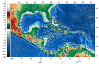 Topography and bathymetry in the Caribbean with a 100 m (328 ft) depth contour, delimiting shallow underwater landforms, including the Bahamas, Puerto Rico, and Rosalind banks[32][33]