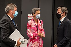 Vestager with Antony Blinken and Stavros Lambrinidis before the inaugural U.S.-EU Trade and Technology Council (TTC) meeting, 2021