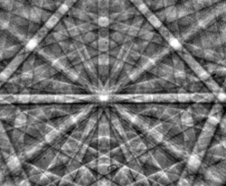 Electron backscatter diffraction pattern for (001) single crystal silicon crystals taken at 20kV using Oxford S2 detector