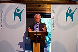 Dawkins accepting the Services to Humanism award at the British Humanist Association Annual Conference in 2012