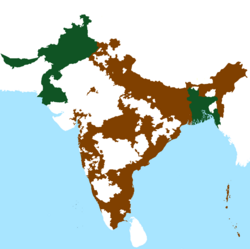 Territorial extent of the Dominions of India (in brown) and Pakistan (in green) at independence on 15 August 1947