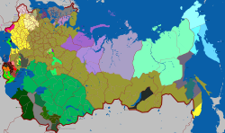 Map of subdivisions of the Russian Empire by largest ethnolinguistic group (1897)