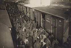 Bulgarian reservists at the train station in Sofia, boarding for the front.