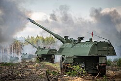 Lithuanian Panzerhaubitze 2000 firing during an exercise in 2022