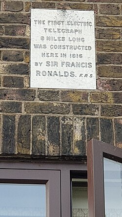 A site in Hammersmith London (UK) where Sir Francis Ronalds constructed the first electric telegraph in 1816