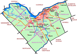 Map of Ottawa showing urban areas and names of historical communities