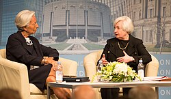 Former chair of the Federal Reserve Janet Yellen speaks with IMF Managing Director Christine Lagarde, 2014.