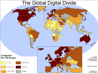The global digital divide: Computers per 100 people per 2006