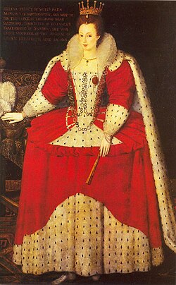Portrait of Helena Snakenborg, Marchioness of Northampton, in robes for the 1603 coronation of James I. She wears a marchioness' coronet, which differs from the later standardised design with four leaves and four balls.