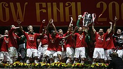 Manchester United celebrate winning their third Champions League title.