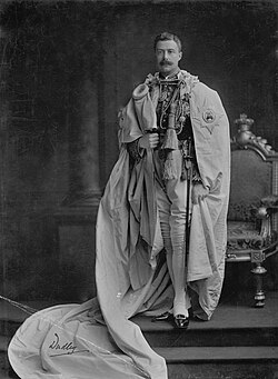 William Ward, 2nd Earl of Dudley (Lord Lieutenant of Ireland, 1902–1905) wearing the Irish Crown Jewels as ex officio Grand Master of the Order of St Patrick.