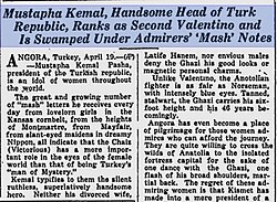 Associated Press news article about the admiration of women from different parts of the world for Mustafa Kemal Atatürk, the handsome leader of the Turkish Republic