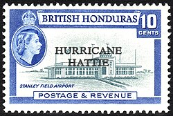 A British Honduras postage stamp overprinted in 1962 to mark Hurricane Hattie