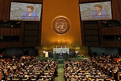 President of Brazil Dilma Rousseff delivers the opening speech at the 66th session of the UN General Assembly on 21 September 2011, marking the first time a woman opened a United Nations session.[35]