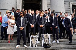 Real Madrid players celebrating the double on 29 May 2022, the day after their Champions League victory