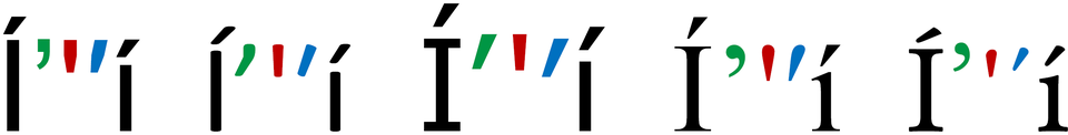 Punctuation (green) and typewriter (red) apostrophe, followed by a prime (blue), between letters Í and í (using acute accent), using the fonts: Arial, Calibri, Tahoma, Times New Roman, and Linux Libertine