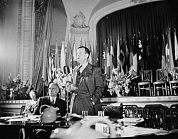 Lester Bowles Pearson presiding at a plenary session of the founding conference of the United Nations Food and Agriculture Organization. October 1945.