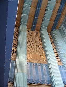 Terracotta Art Deco sunburst design above front doors of the Eastern Columbia Building in Los Angeles; built 1930