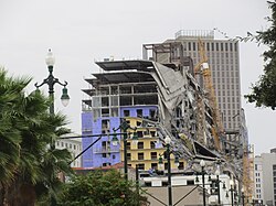 The partially collapsed building seen from Rampart Street, October 2019.