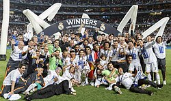Real Madrid players celebrate the club's historic tenth European Cup / Champions League win (La Décima) in 2014.