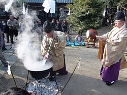Yutateshinji ceremony performed by Shinto priests at the Miwa shrine in Fuefuki, Yamanashi