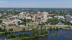 Downtown Trenton in Mercer County, located alongside the Delaware River. It is the only U.S. state capital located in the metropolitan area.