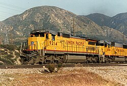 Union Pacific #9214, a GE Dash 8-40C, shows the standard UP diesel locomotive livery on May 10, 1991