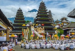 A Hindu prayer ceremony at Besakih Temple in Bali, the only province where Hinduism is the predominant religion[326]