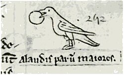 Mediaeval sketch by Matthew Paris in his Chronica Majora (1251) recording that year's major irruption of red crossbills into England