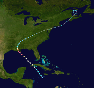 Map plotting the storm's track and intensity, according to the Saffir–Simpson scale