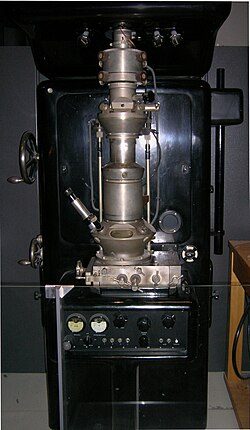 Reproduction of an early electron microscope constructed by Ernst Ruska in the 1930s