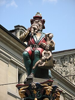 The ogre of the Kindlifresserbrunnen has a sack of children waiting to be devoured.