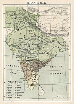 India in 1605 and the end of emperor Akbar's reign; the map shows the different subahs, or provinces, of his administration.