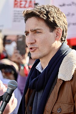 Justin Trudeau, 23rd Prime Minister of Canada, at a 2022 protest in Ottawa